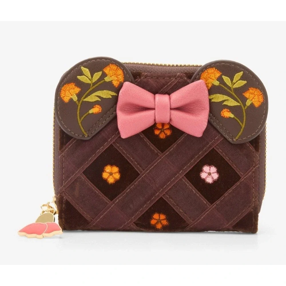 Disney Minnie Mouse‎ Brown Velvet Floral Criss Cross Ears Zip Wallet Fall Autumn